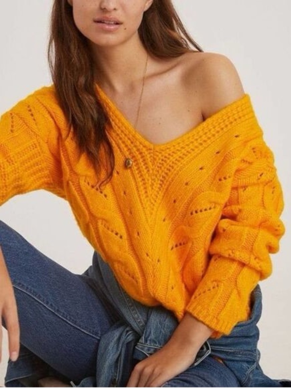 Anthropologie Womens S Marigold Yellow Cable Knit V Neck Sweater Chunky Boho